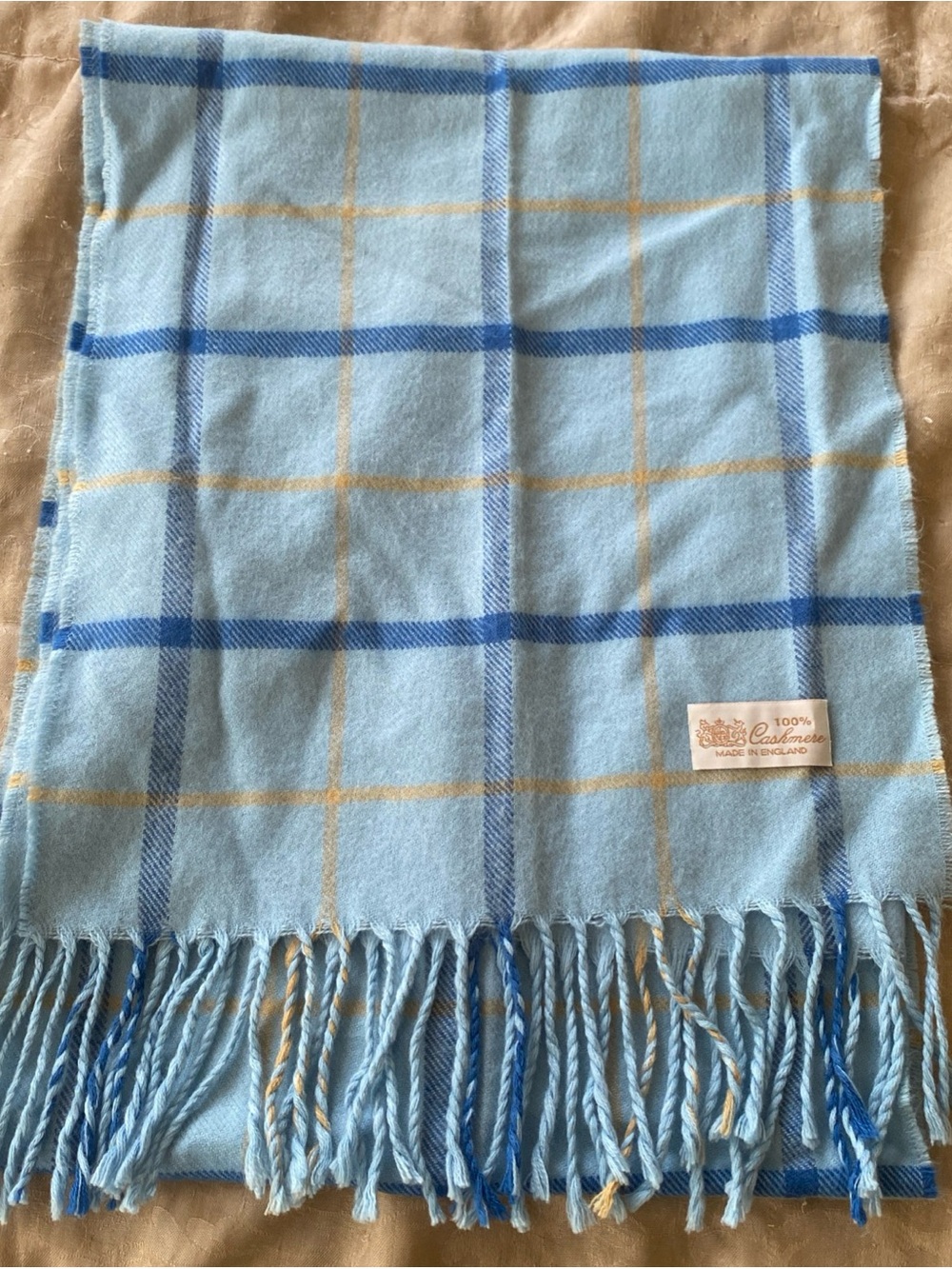 Premium Light Blue Plaid Cashmere Throw Blanket with Fringe
